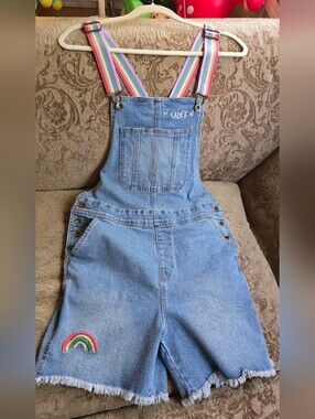 PRIDE MONTH Denim Blue Rainbow-Accent Women’s Overalls Cutoff Shorts